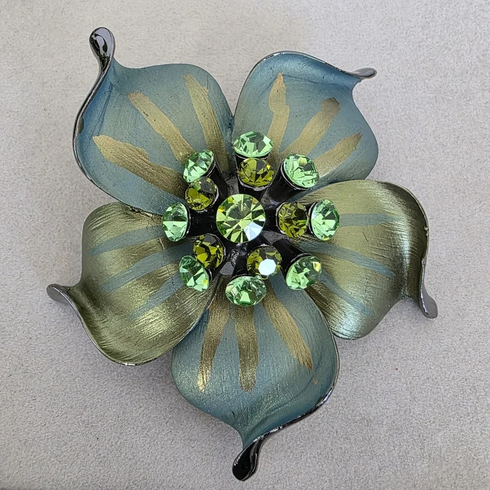 Unique Metal Belt Buckle Painted Flower With Crystal Stones Blue Grey Green